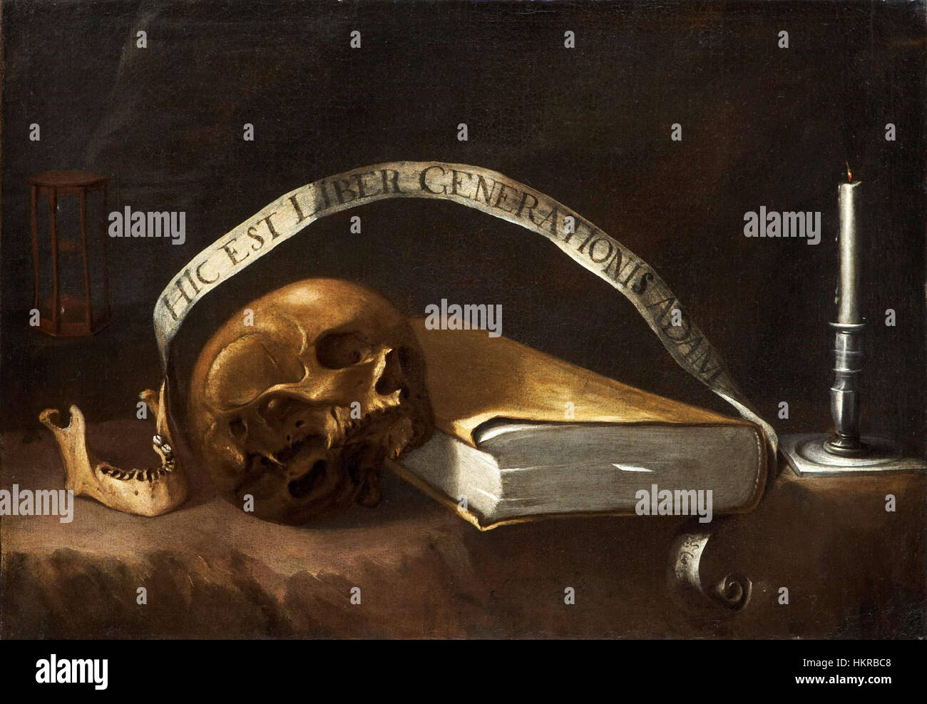 Ein Vanitas-Stillleben-Gemälde mit dem Titel „Carrion“ mit symbolischen Elementen, die die Vergänglichkeit des Lebens repräsentieren, wie verfallene Objekte, die das Memento Mori-Thema aus dem 17. Jahrhundert einfangen. Stockfoto