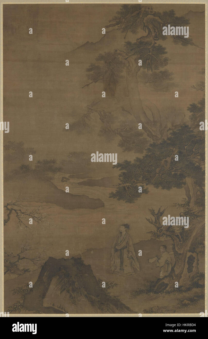 Dieses Kunstwerk zeigt eine Figur mit Zither auf der Suche nach Pflaumenblüten und reflektiert Themen der chinesischen Kultur, Musik und Natur. Das Gemälde verbindet traditionelle Elemente mit expressiver Symbolik. Stockfoto