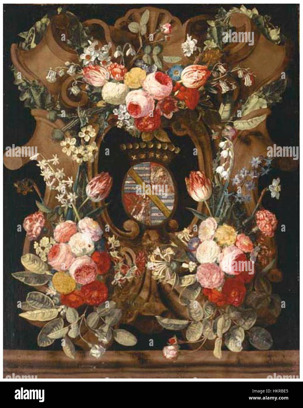 Carstiaen Luyckx - eine Blumengirlande um eine steinerne Kartusche mit einem Wappen Stockfoto