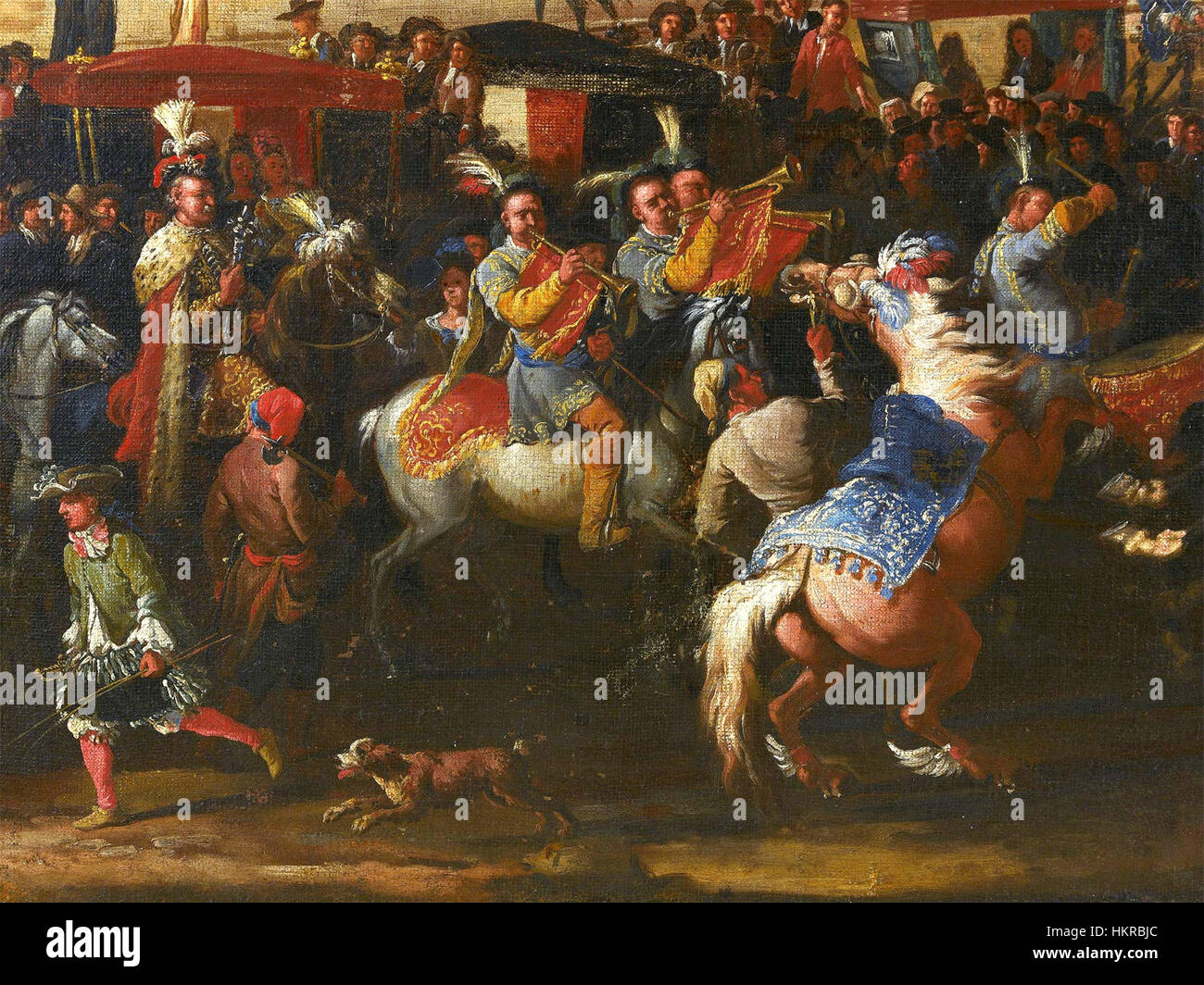 Bloemen Codazzis Gemälde „Eintritt in Rom“ (Detail) fängt einen bedeutenden Moment der römischen Geschichte ein. Das Stück zeigt die dramatische Landschaft und den Militärzug, der in die Stadt eindringt, und kombiniert architektonische Details mit dynamischen Figuren. Stockfoto