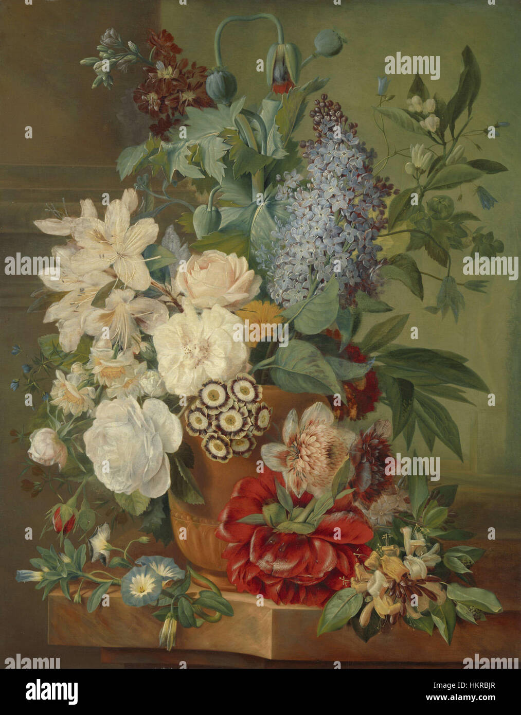 Dieses niederländische Stillleben-Gemälde „Bloemen in een Terracotta vaas“ zeigt leuchtende Blumen in einer Terrakotta-Vase, die zwischen 1810 und 1824 von Albertus Jonas Brandt und Eelke Jelles Eelkema geschaffen wurden. Stockfoto