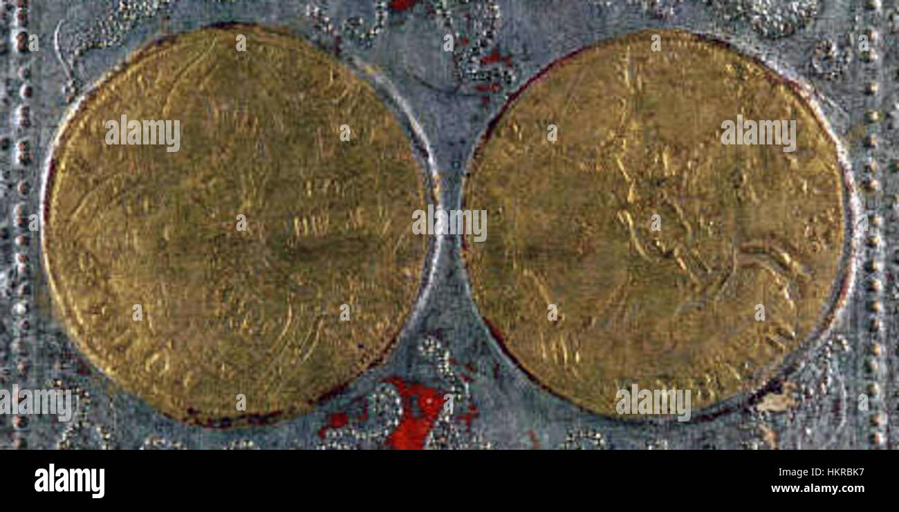 Die Vier-von-Münzen-Karte aus dem Cary-Yale-Deck, einem Tarotkarten-Deck aus der Renaissancezeit, mit symbolischer Kunst und Bildgebung. Stockfoto