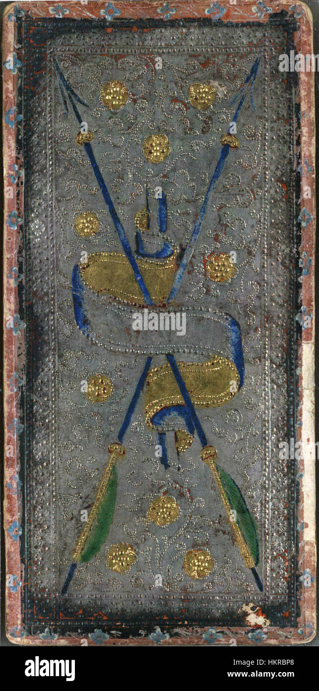 Die Karte ‚Zwei Pfeile‘ aus dem Cary-Yale-Tarot, ein Beispiel aus dem frühen 15. Jahrhundert für Tarotdesign der Renaissance, mit symbolischen Bildern, die mit Entscheidungsfindung und Dualität verbunden sind. Stockfoto