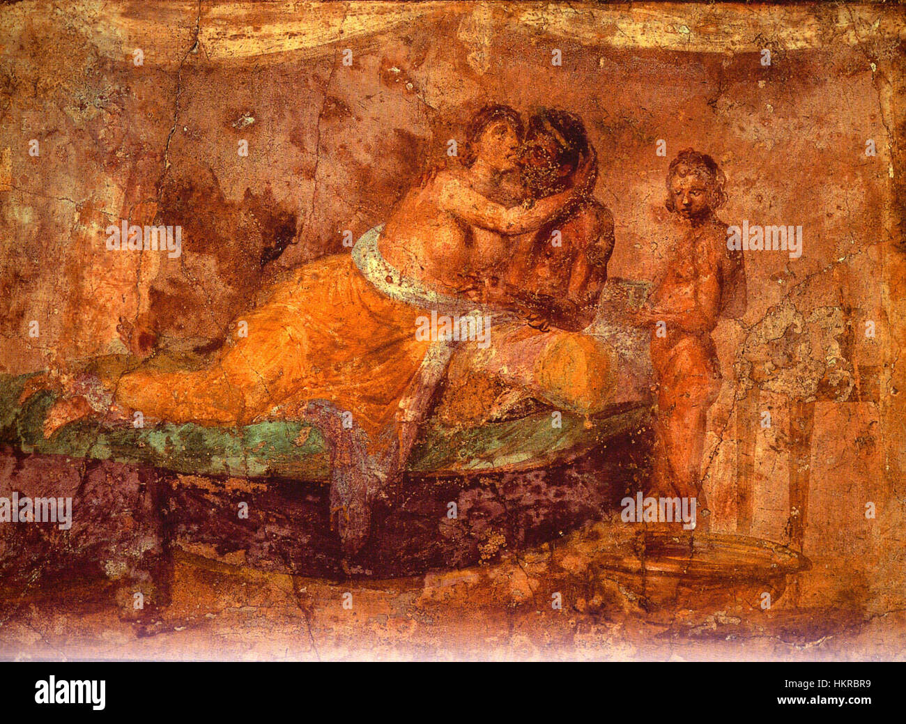 Das Gemälde an der rechten Wand des Cubiculum D in der Casa della Farnesina zeigt eine komplexe klassische Mythologie und zeigt die raffinierten Fresken der antiken römischen Künstler. Stockfoto