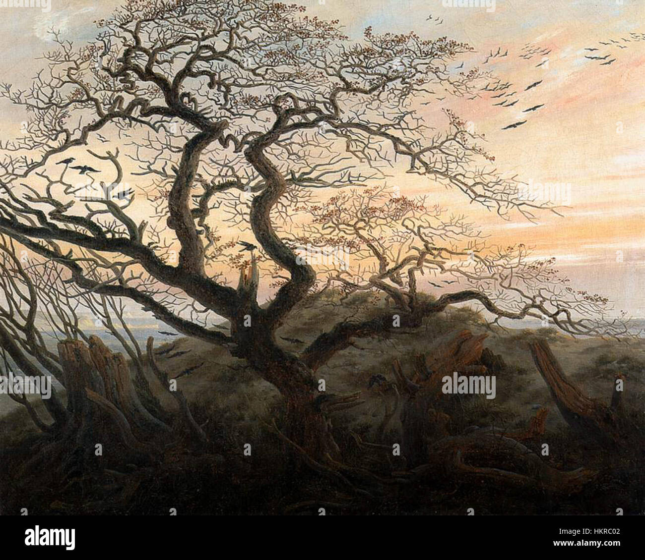 „Der Baum der Krähen“ von Caspar David Friedrich ist ein Gemälde aus der Romantik, das einen einsamen Baum umgeben von Krähen zeigt. Das Gemälde spiegelt Friedrichs Erforschung der Natur und der menschlichen Emotionen wider, ein Zeichen seines romantischen Stils. Stockfoto