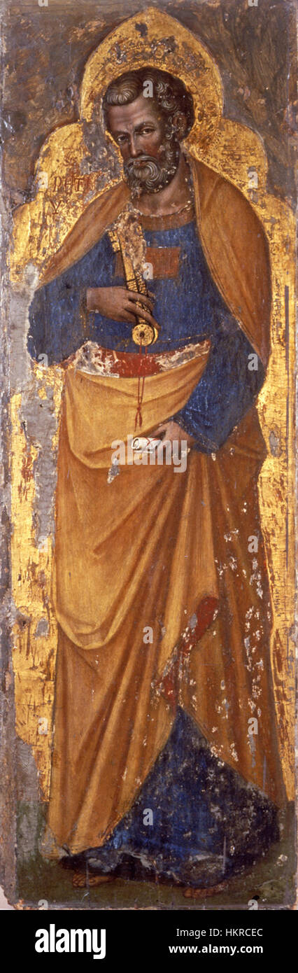 Dieses Gemälde von Catarino Veneziano zeigt den heiligen Peter, eine Schlüsselfigur des Christentums. Das Kunstwerk zeichnet sich durch seine Darstellung des heiligen in einem traditionellen religiösen Stil aus, typisch für die Renaissance-Kunst. Stockfoto
