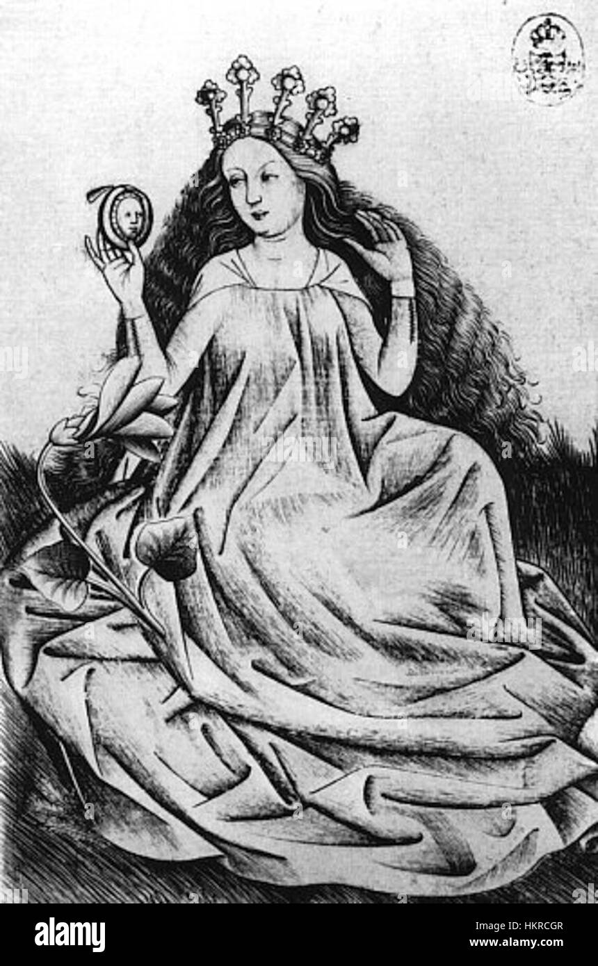 Blumen Dame, die vom Meister der Spielkarten geschaffen wurde, ist ein deutsches Kunstwerk aus dem 15. Jahrhundert, das eine Dame darstellt, die von Blumen umgeben ist und sowohl den Symbolismus als auch die komplizierte Handwerkskunst widerspiegelt, die typisch für die spätgotische Kunst ist. Stockfoto