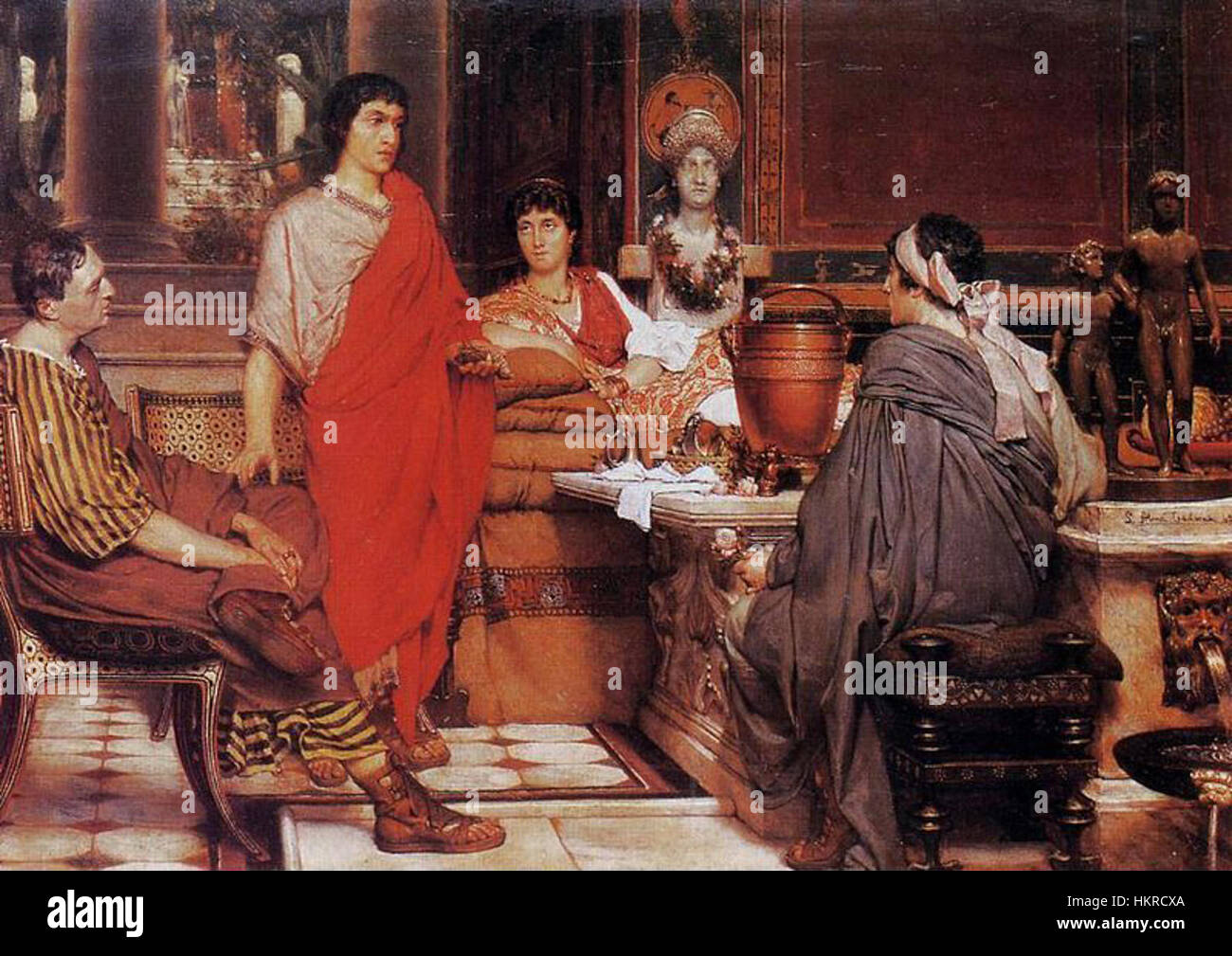 'Catullus-at-Lesbia' ist ein großes Kunstwerk, das eine Szene aus der Poesie des römischen Dichters Catullus darstellt. Das Stück reflektiert Themen der Liebe, Leidenschaft und der klassischen Welt und bietet eine visuelle Interpretation der berühmten Werke des Dichters. Stockfoto