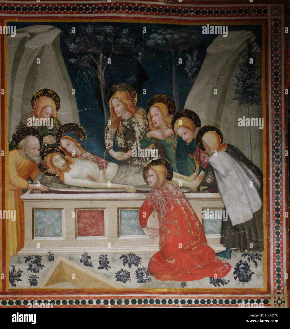 CelaStMiquel SantSepulcre ist ein detailgetreues Gemälde, das Szenen aus dem Leben des Heiligen Grabes darstellt. Das Werk zeigt symbolische Darstellungen von Glauben, Tod und Auferstehung, die für die christliche Ikonographie von zentraler Bedeutung sind. Stockfoto