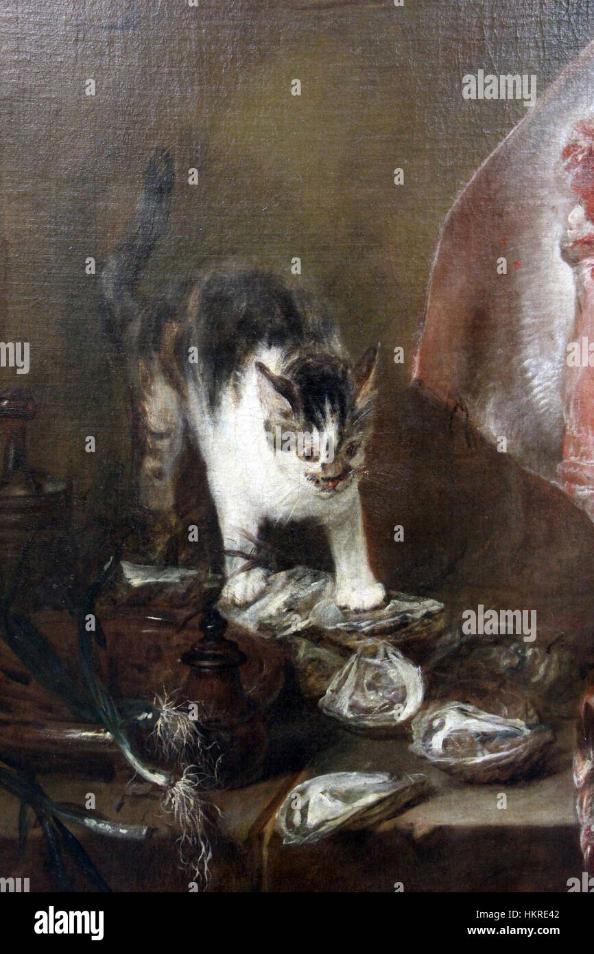 Chardins „La Razza“ (ca. 1725-26) zeigt eine Katze und zeigt die Fähigkeit des Künstlers, Alltagsleben und Tiermotive durch detaillierte, realistische Pinselarbeiten festzuhalten. Stockfoto