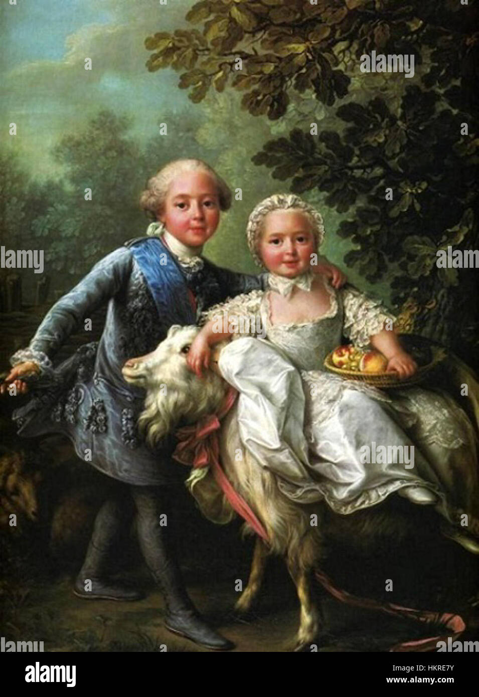 Dieses Kunstwerk zeigt Karl X. von Frankreich und seine Schwester Clotilde, wie sie eine Ziege besteigen, eine skurrile Szene, die im Kontrast zum formalen Charakter der königlichen Porträts steht. Das verspielte Bild spiegelt die hellere Seite des französischen Königs im frühen 19. Jahrhundert wider. Stockfoto