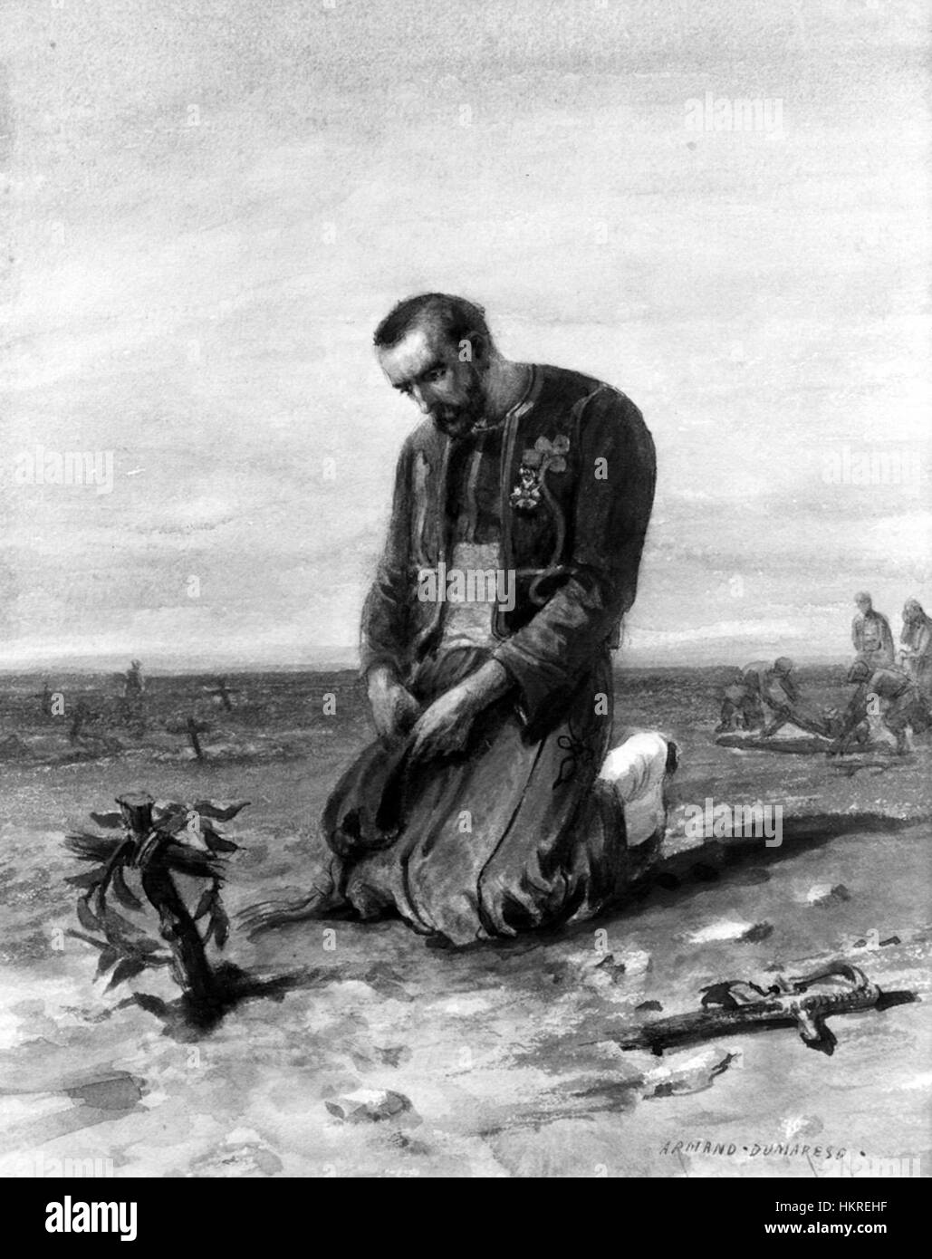 Charles Edouard Armand-Dumaresqs Gemälde „Zouave kniend on Battlefield“ zeigt einen Soldaten des Zouave-Regiments, einer historischen französischen Infanterie. Die Szene fängt die Intensität des Krieges und die emotionale Haltung der Figur ein. Stockfoto