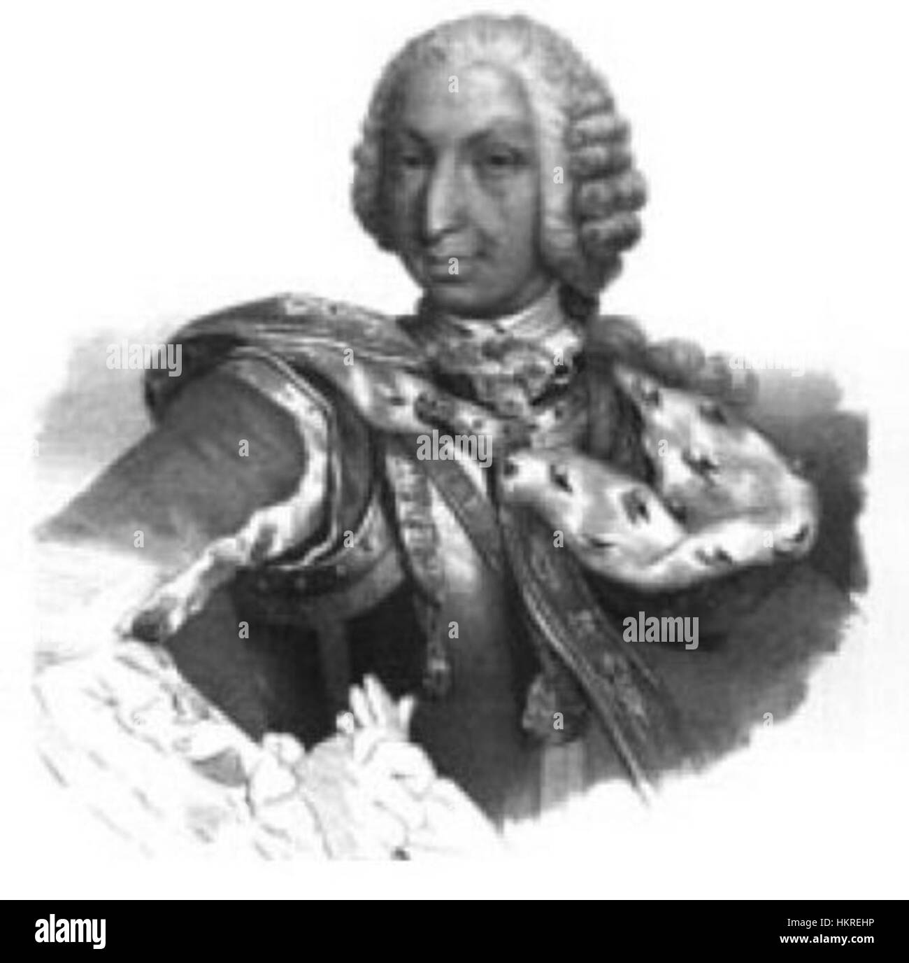 Dieser Stich stellt Karl Emmanuelle III. Von Sardinien dar, einen Monarchen aus dem 18. Jahrhundert, der über das Königreich Sardinien regierte. Seine Herrschaft war geprägt von verschiedenen politischen und militärischen Errungenschaften, darunter territoriale Expansion und Bündnisse. Stockfoto