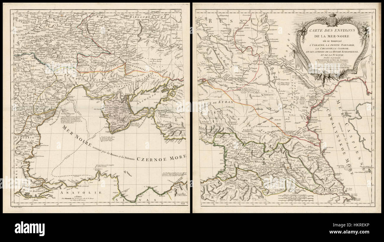 Diese Karte von Charles Francois Delamarche aus dem Jahr 1783 zeigt die Regionen rund um das Schwarze Meer, einschließlich der Ukraine, Little Tartary, Tscherkessen und Georgien. Es zeigt die geographischen Grenzen und kulturellen Gebiete dieser Gebiete im 18. Jahrhundert auf. Stockfoto