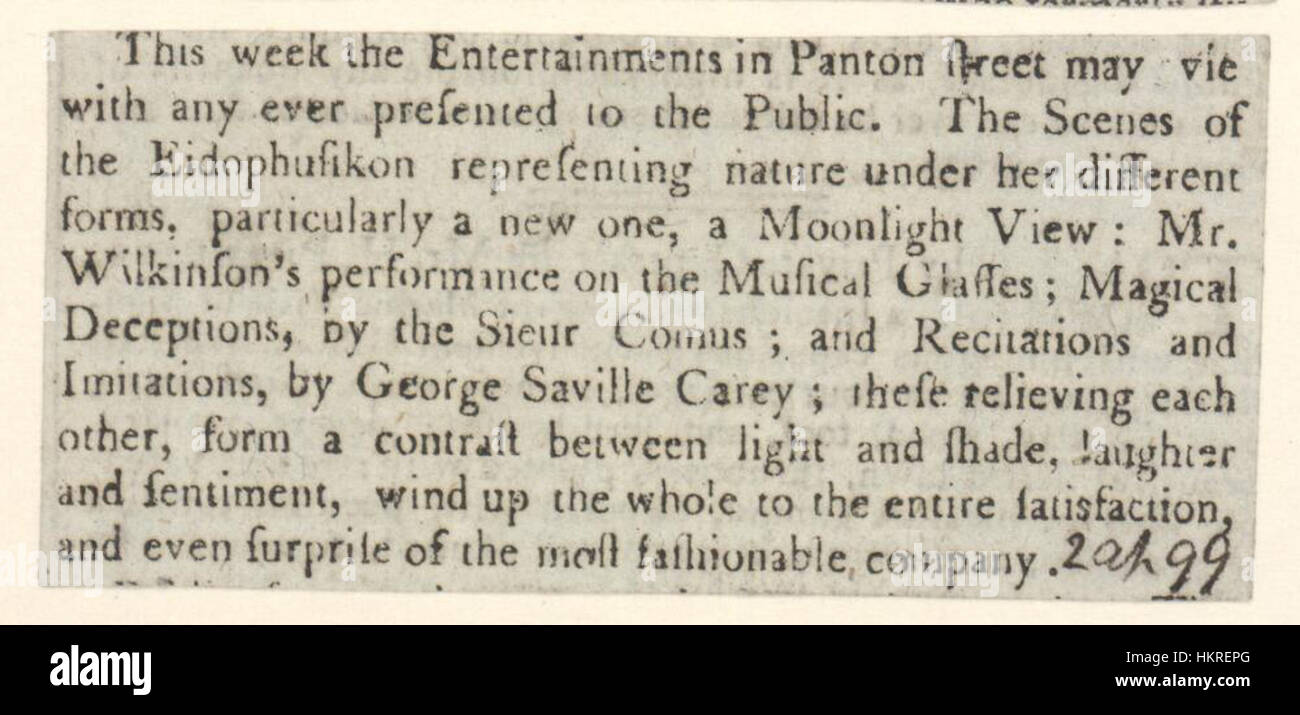 Eine historische Anzeige vom 2. April 1799, in der das „Eidophusikon“ in den Bodleian Libraries angekündigt wurde. Das „Eidophusikon“ war eine frühe Form von Filmen, die ein visuelles und künstlerisches Erlebnis darstellten. Stockfoto