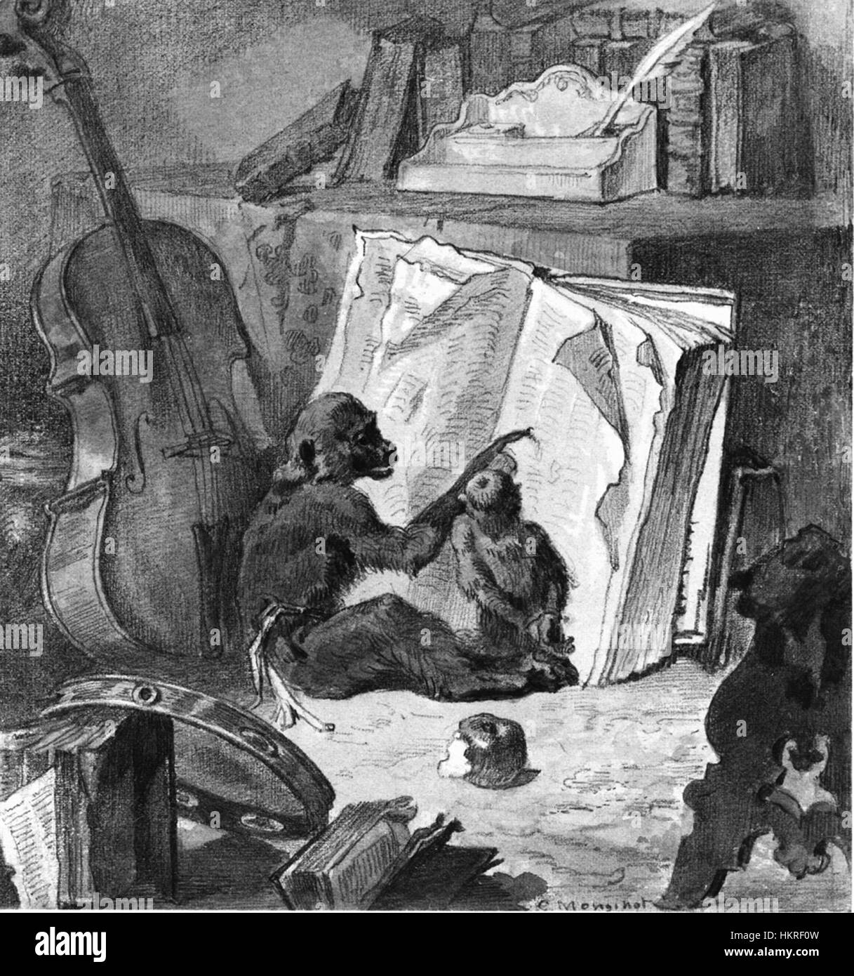 Ein verspieltes Gemälde von Charles Monginot mit zwei Affen, die mit Büchern beschäftigt sind, einer Bratsche und einem Tamburin. Das Werk verbindet skurrile Elemente mit einer unbeschwerten Komposition, die für Monginots einzigartigen Stil charakteristisch ist. Stockfoto