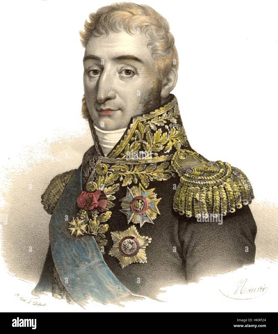 Dieses Ölgemälde von Charles Pierre Francois Augereau zeigt ein Militärporträt des berühmten französischen Generals und napoleonischen Offiziers. Bekannt für seine Rolle in der französischen Armee, nimmt Augereaus Werk die Führung und Autorität des Generals ein. Stockfoto