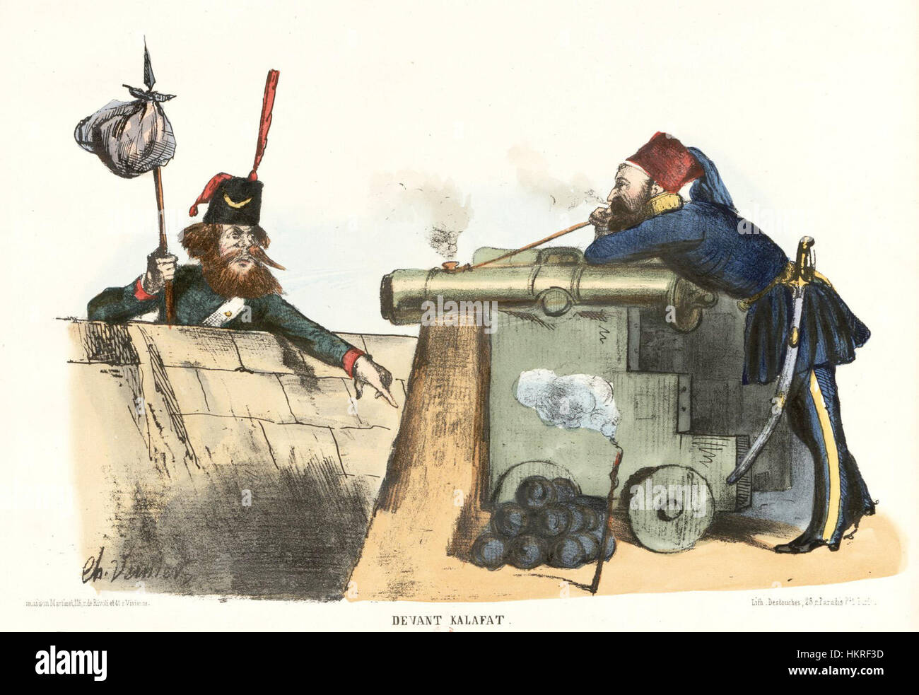 Charles Verniers „Devant Kalafat“ veranschaulicht eine dramatische Szene aus der französischen Zeitschrift Charivari aus dem Jahr 1854, in der politische Satire und die turbulente französische politische Landschaft während dieser Zeit betont werden. Stockfoto