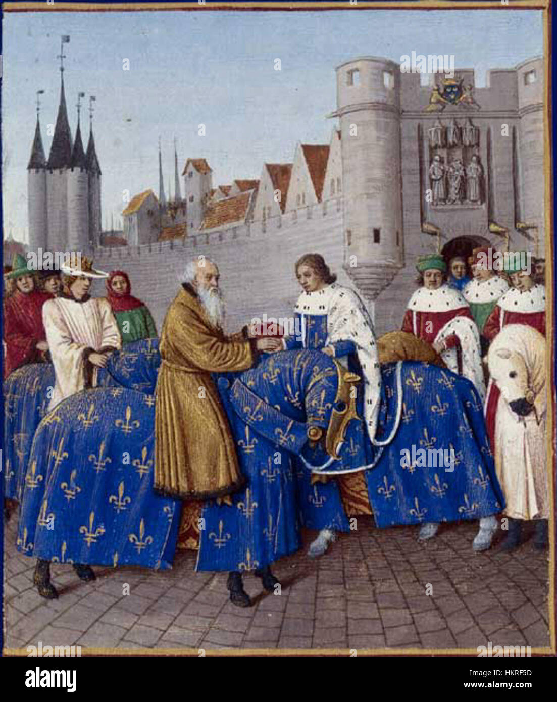 Dieses Gemälde zeigt Karl V. le sage und Kaiser Karl IV., die einen bedeutenden Moment in der europäischen Geschichte festhalten. Das Kunstwerk beleuchtet die Beziehung zwischen diesen beiden wichtigen Figuren des Heiligen Römischen Reiches. Stockfoto