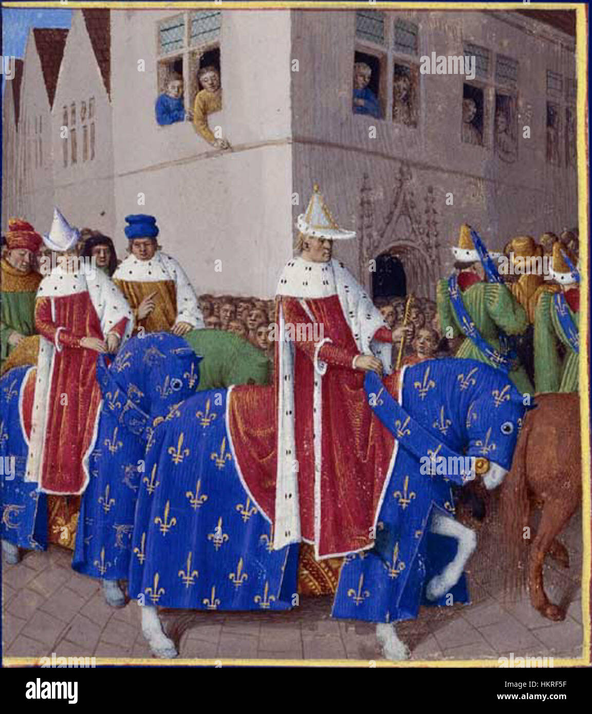 Dieses Gemälde zeigt die Begegnung von Kaiser Karl V. mit Kaiser Karl IV. Des Heiligen Römischen Reiches und symbolisiert die politischen und königlichen Bündnisse zwischen europäischen Monarchen im 16. Jahrhundert. Stockfoto