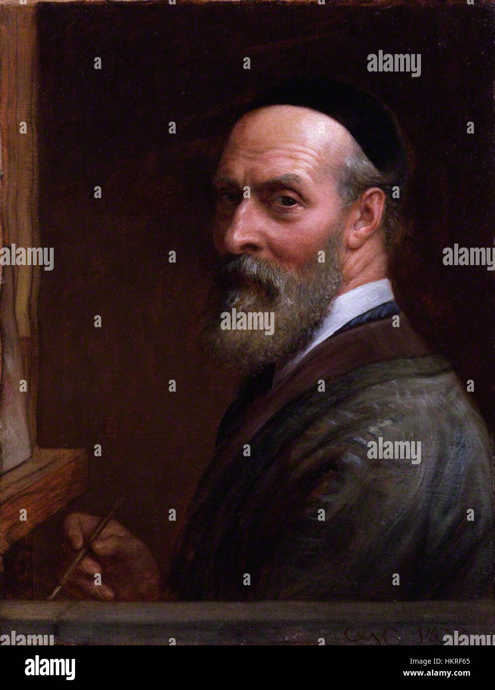 Selbstporträt von Charles West Cope, einem englischen Künstler, der für seine detaillierten historischen und Genrebilder bekannt ist. Das Ölgemälde unterstreicht seinen künstlerischen Stil und die Anwendung klassischer Techniken. Es ist ein Schlüsselbeispiel für Porträts aus dem 19. Jahrhundert. Stockfoto