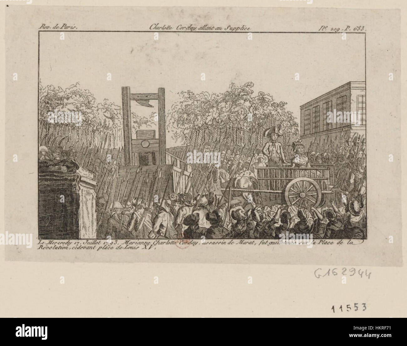 Dieses Gemälde zeigt Charlotte Corday auf ihrem Weg zur Guillotine während der Französischen Revolution. Das Werk fängt den dramatischen und düsteren Moment ihrer Hinrichtung nach der Ermordung von Jean-Paul Marat ein. Das Gemälde unterstreicht ihren stoischen Ausdruck und symbolisiert ihre Entschlossenheit und die Intensität der revolutionären Periode. Stockfoto