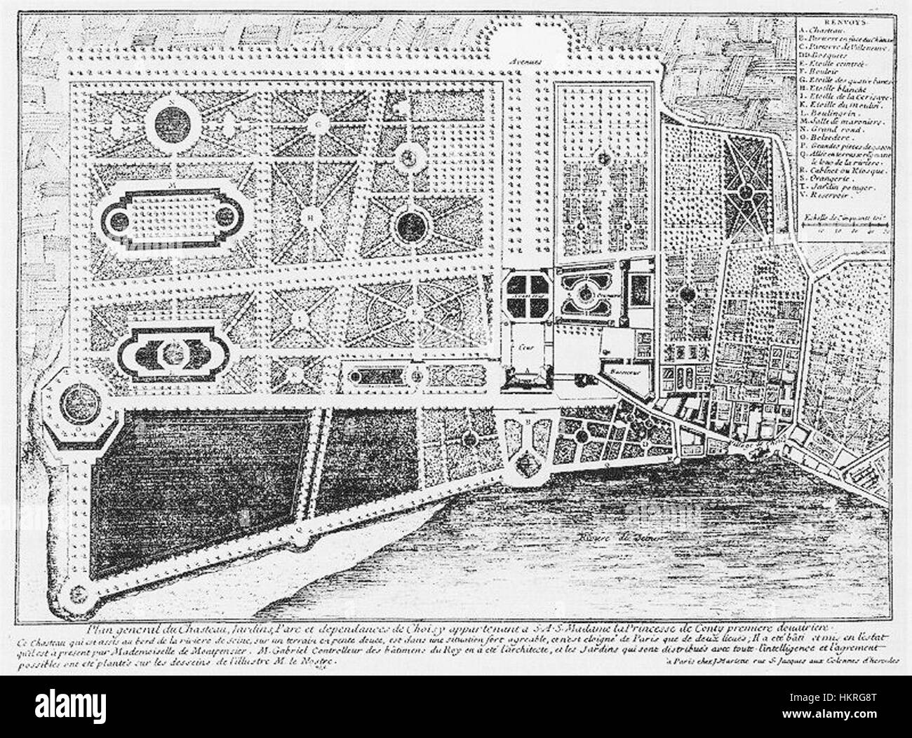 Der Gesamtplan Schloss und Gartenanlagen von Choisy-le-ROI ist ein detaillierter Plan, der die Pracht des Schlosses und der Gartenanlage zeigt. Dieses historische Kunstwerk bietet Einblicke in die Architektur und Gartengestaltung des 17. Jahrhunderts und hebt die akribische Planung und die klassischen Elemente hervor, die die französische Landschaft bestimmen. Stockfoto