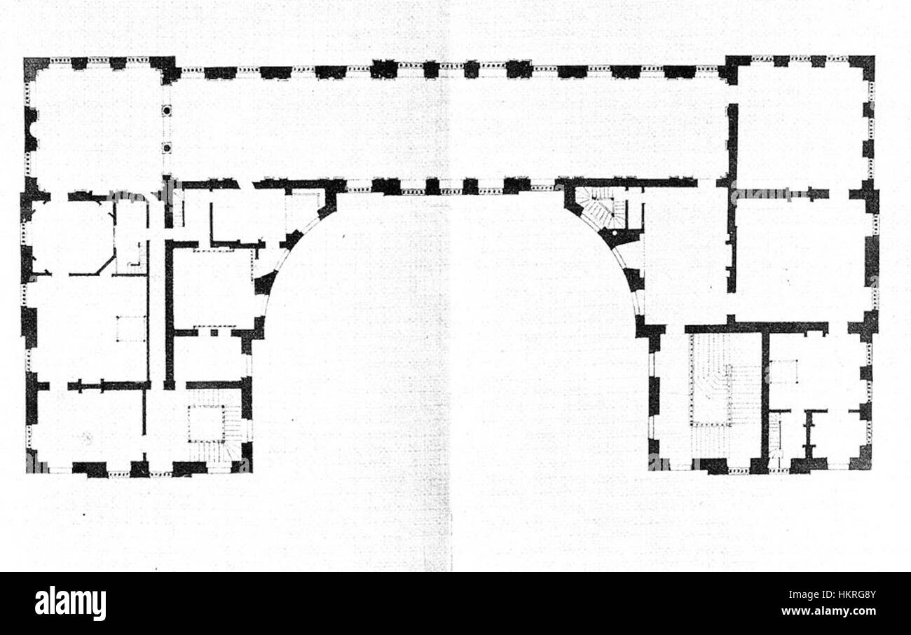 „Choisy-le-ROI Grundriss Obergeschoss“ ist ein detaillierter architektonischer Plan, der die Grundrisse eines Gebäudes in Choisy-le-ROI, Frankreich, veranschaulicht. Die Zeichnung zeigt das Design und die Struktur und spiegelt den Ansatz der damaligen Architekturplanung und räumlichen Organisation wider. Stockfoto