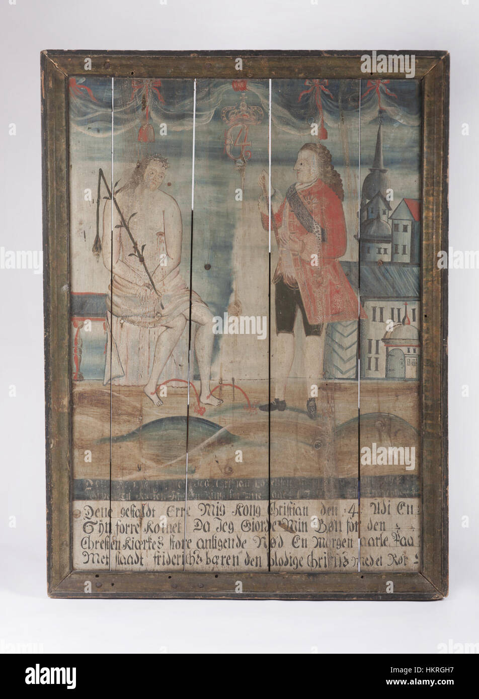 Das Gemälde „Christian IV's Syn“ zeigt König Christian IV. Von Dänemark und zeigt seine königliche Präsenz und Bedeutung während seiner Regierungszeit. Dieses Kunstwerk ist Teil der Sammlung des Norsker Folkemuseums und fängt einen bedeutenden Moment in der dänischen königlichen Geschichte ein. Stockfoto