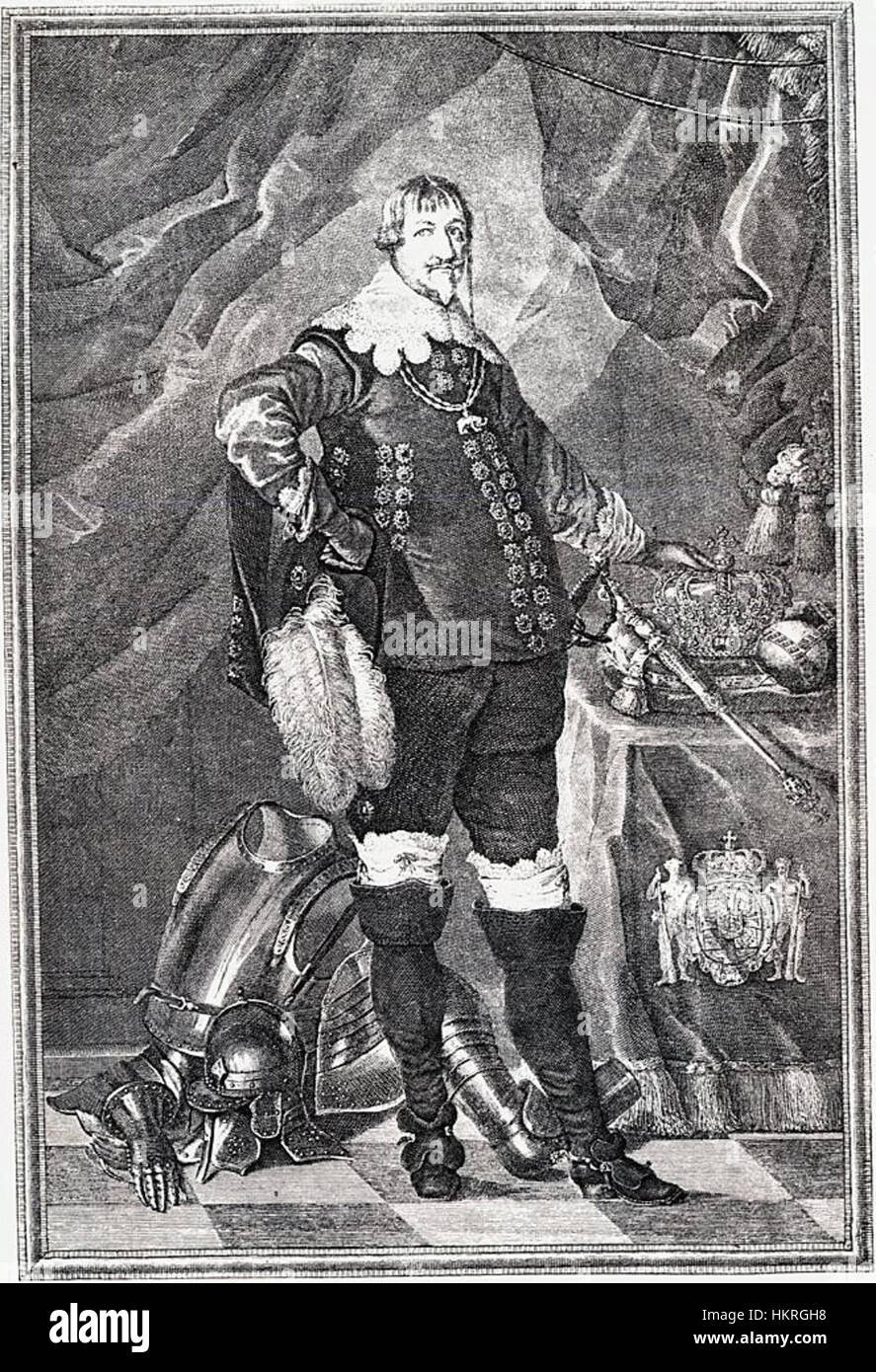Dieses Porträt von Christian IV. Aus dem 17. Jahrhundert von Mandern fängt den dänischen König in voller Insignien ein und spiegelt seinen Status und Einfluss während der Höhepunkt seiner Herrschaft in Dänemark und Norwegen wider. Stockfoto