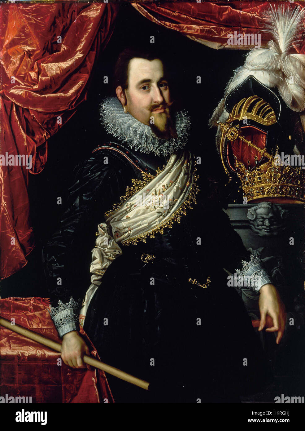 Dieses Porträt von Pieter Isaacsz aus dem Jahr 1614 zeigt Christian IV. Von Dänemark, der den König in aufwendiger Kleidung zeigt, seinen königlichen Status verkörpert und die Pracht der dänischen Monarchie während seiner Regierungszeit widerspiegelt. Stockfoto