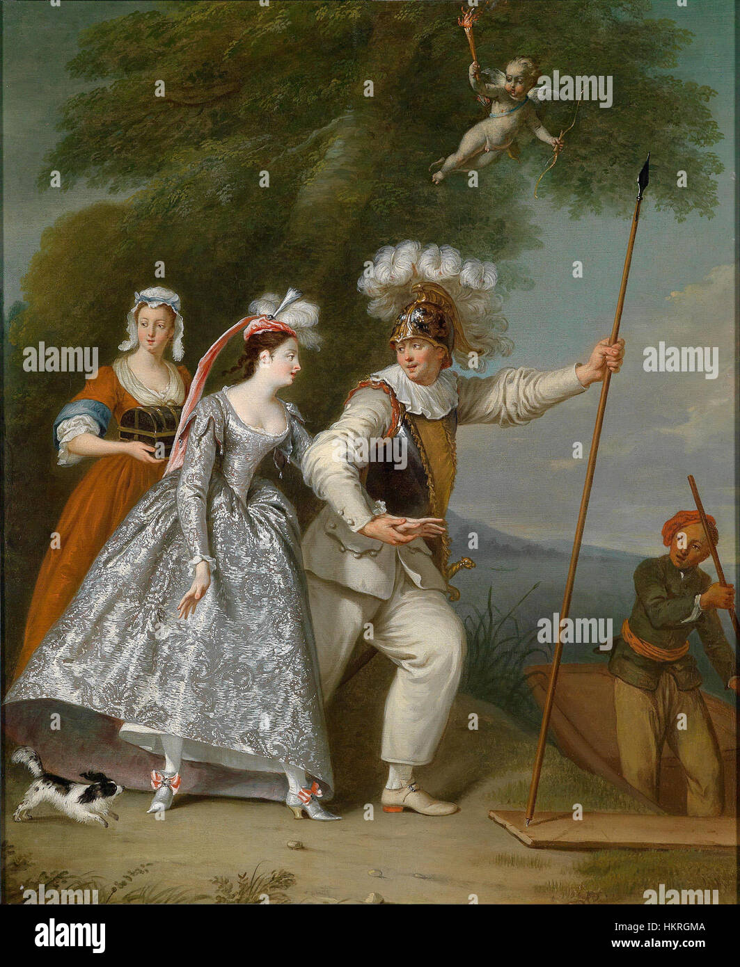 Das Gemälde 'Ein eleganter Herr als Pierrot' von Christian Wilhelm Ernst Dietrich zeigt eine vornehme Figur als Pierrot, eine traditionelle Figur aus der Commedia dell'arte, und ist ein bemerkenswertes Beispiel für die europäische Porträtmalerei des 18. Jahrhunderts. Stockfoto