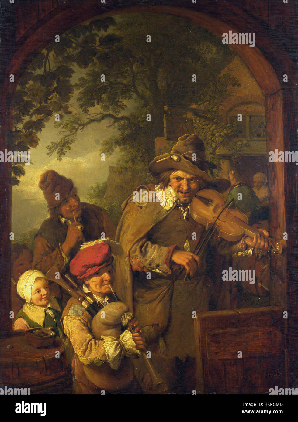 Christian Wilhelm Ernst Dietrichs Gemälde 'Wandermusikanten' von 1745 zeigt eine Gruppe von reisenden Musikanten, die das Leben umherziehender Künstler im Europa des 18. Jahrhunderts darstellt, geschaffen von einem europäischen Künstler der Zeit. Stockfoto