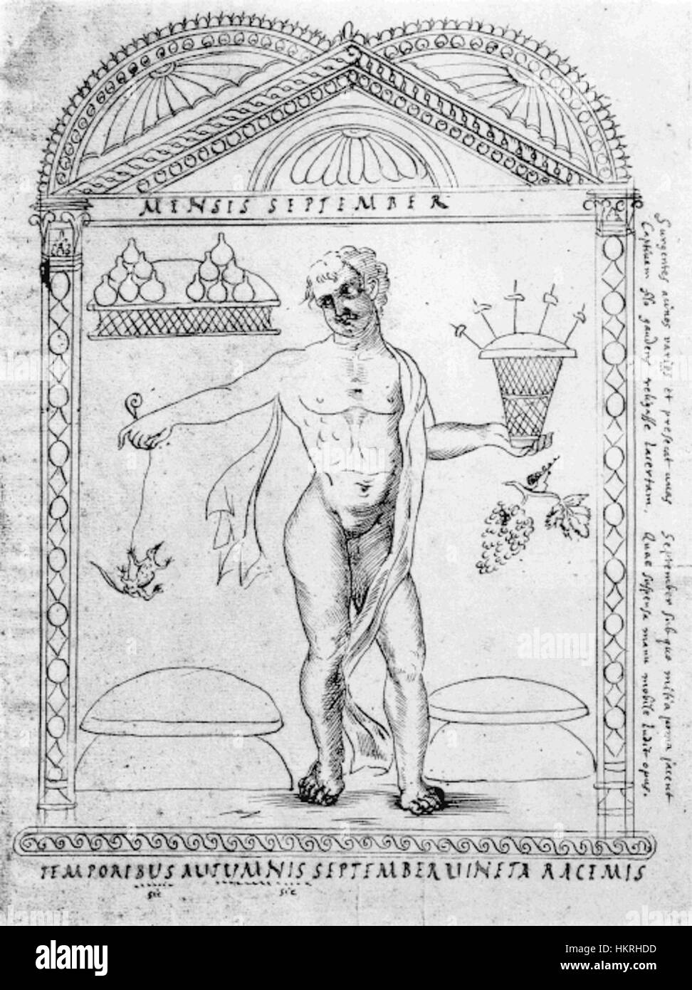 Ein Gemälde aus der „Chronographie von 354 Mensis September“, das den Verlauf der Zeit und saisonale Veränderungen darstellt. Dieses historische Kunstwerk fängt die Mischung aus frühmittelalterlicher Kunst mit einer detaillierten Darstellung der wechselnden Monate ein. Stockfoto