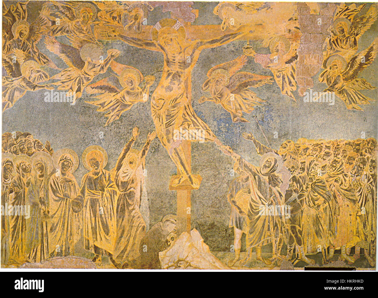 Dieses Stück von Cimabue stellt die *Crocifissione del transetto sinistro* (Kreuzigung des linken Querschiffs) dar, ein wichtiges Werk in der frühen italienischen Renaissance. Das Fresko veranschaulicht den Moment der Kreuzigung Christi mit einem detaillierten, emotionalen Ansatz, der typisch für Cimabues religiöse Werke ist. Stockfoto