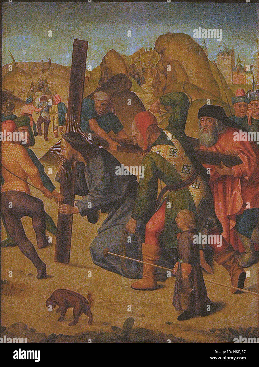 Dieses Gemälde, das dem Kreis des Meisters des Johanniteraltars zugeschrieben wird, spiegelt die komplizierte Handwerkskunst und religiöse Ikonographie wider, die typisch für die Kunst der frühen Renaissance ist. Es zeigt detaillierte religiöse Bilder, die mit Geschick und Sorgfalt gemalt wurden. Stockfoto