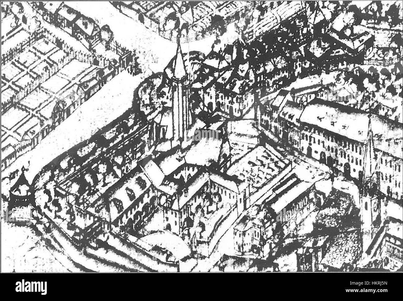 Ein historisches Kunstwerk, das Ciril-Metodov trg darstellt, ein wichtiger Ort aus den 1660er Jahren Das Gemälde fängt das Wesen der Epoche mit einem detaillierten künstlerischen Ausdruck der Zeit ein, wobei der Schwerpunkt auf Vintage-Ästhetik und historischen Elementen liegt. Stockfoto