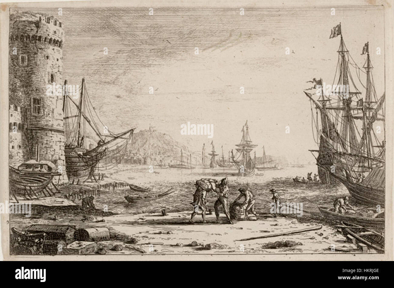 Claude Lorrains „Porto de Mar com Grande Torre“ zeigt eine Küstenszene mit einem großen Turm. Dieses Landschaftsbild spiegelt Lorrains Beherrschung des Lichts, der Perspektive und der atmosphärischen Effekte wider. Stockfoto
