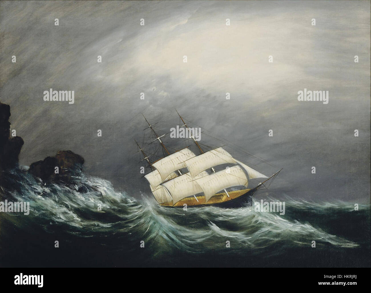Clement Drews Gemälde A Three Master in a Storm zeigt eine dramatische maritime Szene mit einem Dreimastschiff, das einen heftigen Sturm bekämpft. Dieses Kunstwerk aus dem 19. Jahrhundert erfasst die Gefahr und Widerstandsfähigkeit von Seeleuten, die unter rauen Seebedingungen stehen, ein gängiges Thema in der maritimen Kunst. Stockfoto
