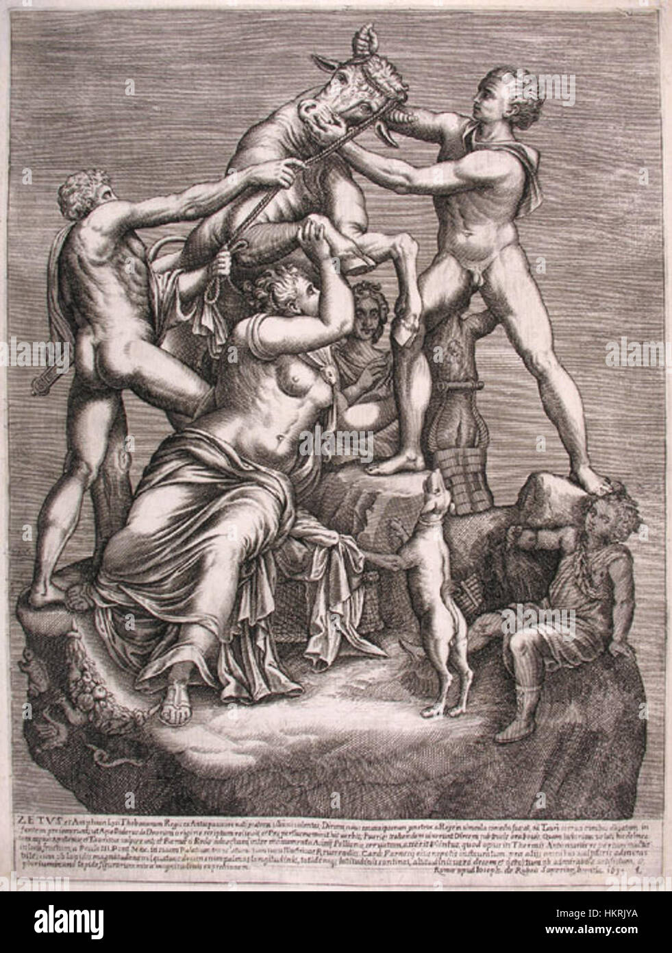 Der Farnesian Bulle ist eine alte römische Marmorskulptur, die für ihre dramatische Darstellung von zwei Männern bekannt ist, die mit einem Bullen kämpfen. Das Kunstwerk war ursprünglich Teil der Sammlung Farnese und befindet sich heute im Archäologischen Nationalmuseum von Neapel. Seine komplizierten Details und seine dynamische Form repräsentieren die künstlerische Meisterschaft der römischen Zeit und beeinflussen die klassische Kunst weiterhin. Stockfoto