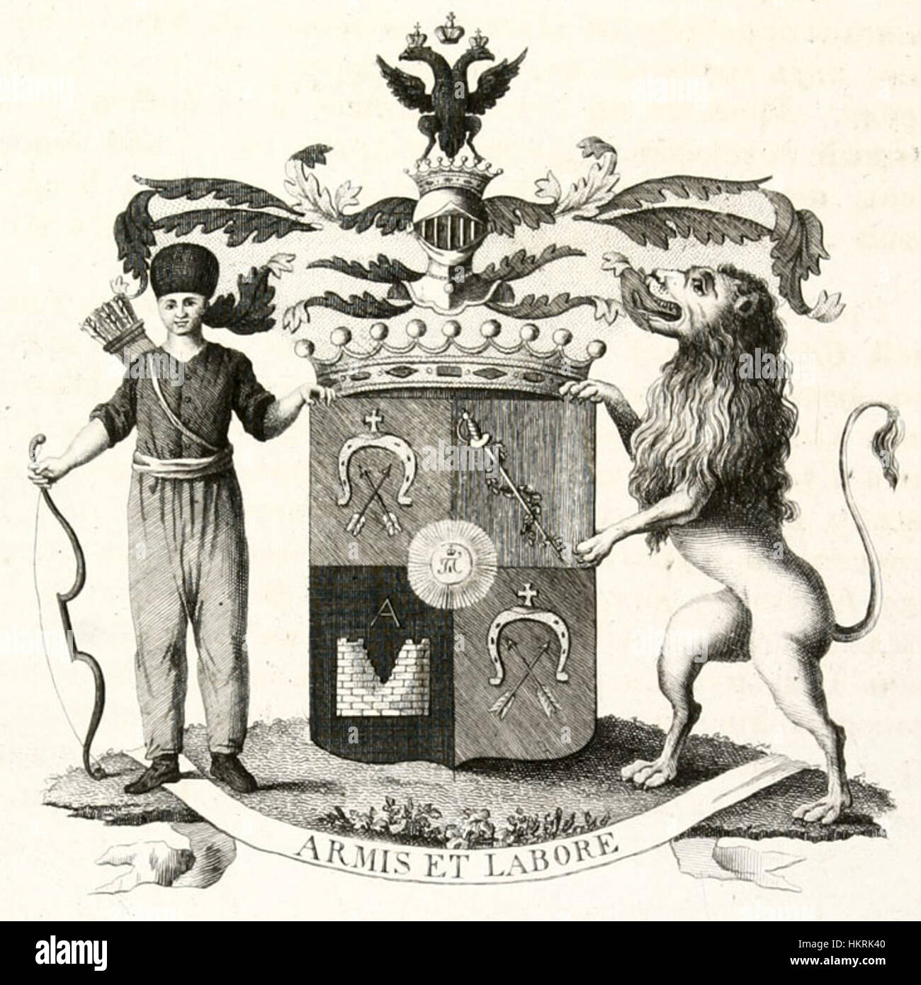 Dieses Kunstwerk mit dem Titel „COA Gudovich“ zeigt ein kompliziertes Wappendesign, wahrscheinlich aus einer Adelsfamilie. Die heraldischen Elemente werden sorgfältig dargestellt, um den Stolz und die Geschichte der Familie zu widerspiegeln und traditionelle heraldische Kunst zu zeigen. Stockfoto