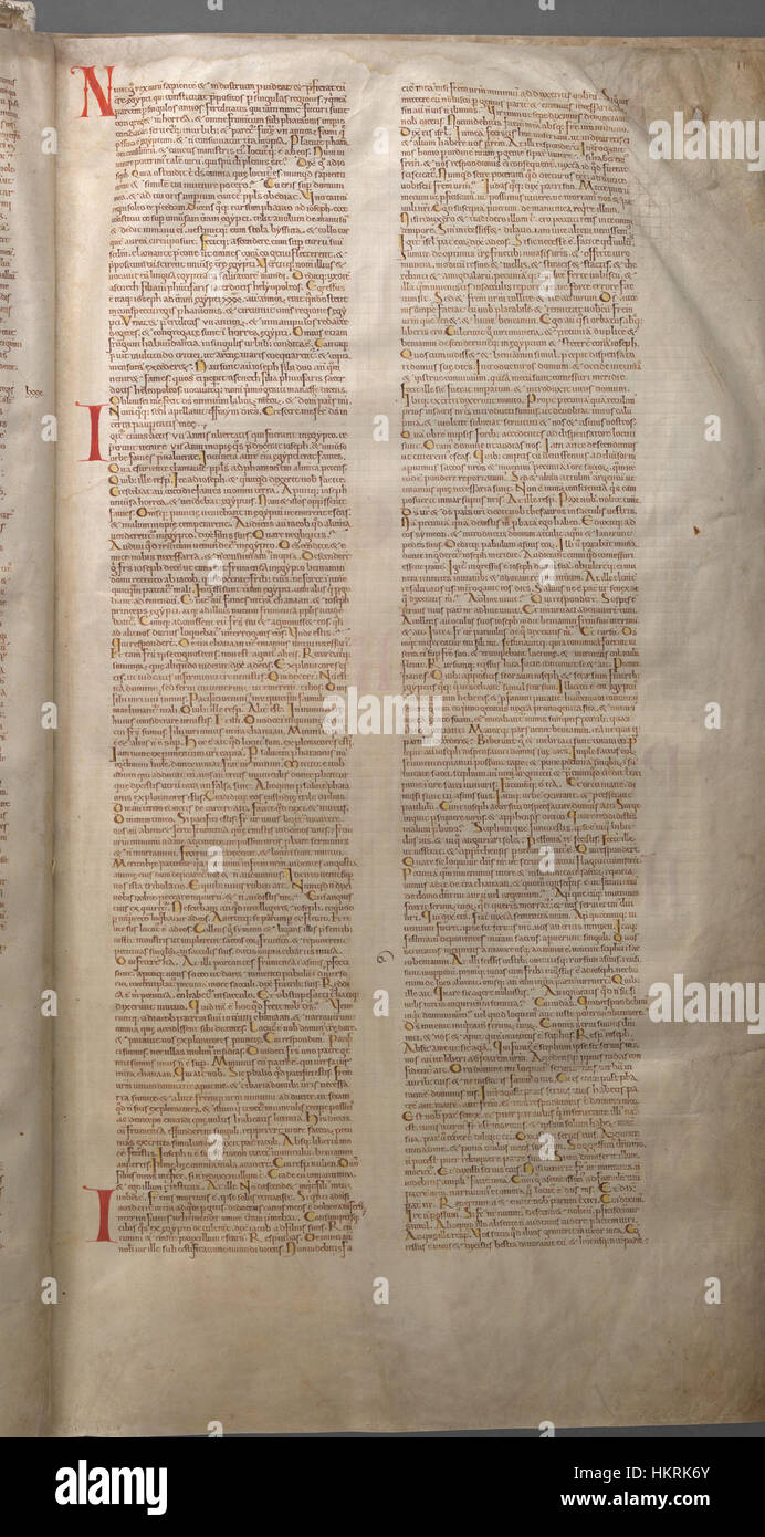 Der Codex Gigas, auch bekannt als die „Teufelsbibel“, ist eine mittelalterliche Handschrift, die für ihre Größe und Illustrationen berühmt ist. Diese Seite, die das Buch Genesis enthält, ist Teil des größeren Werkes und ist bekannt für ihre dramatischen und detaillierten Darstellungen biblischer Ereignisse, die Schrift mit beeindruckenden Bildern verbinden. Stockfoto