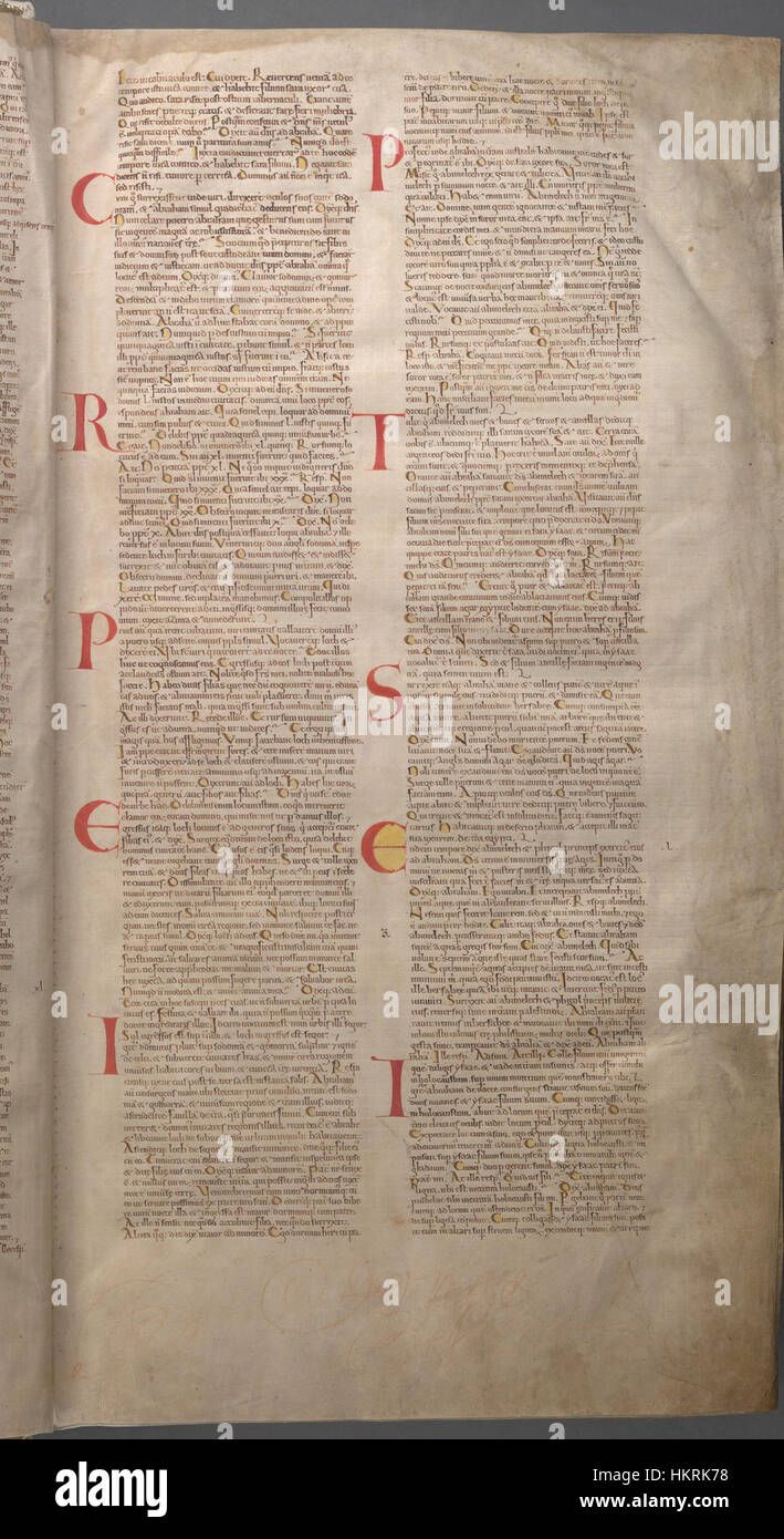 Der Codex Gigas, auch bekannt als die Teufelsbibel, ist ein massives Manuskript aus dem 13. Jahrhundert, das das Buch Genesis enthält. Dieses ikonische Manuskript ist bekannt für seine Größe, detaillierte Illustrationen und die Legende um seine Entstehung. Stockfoto