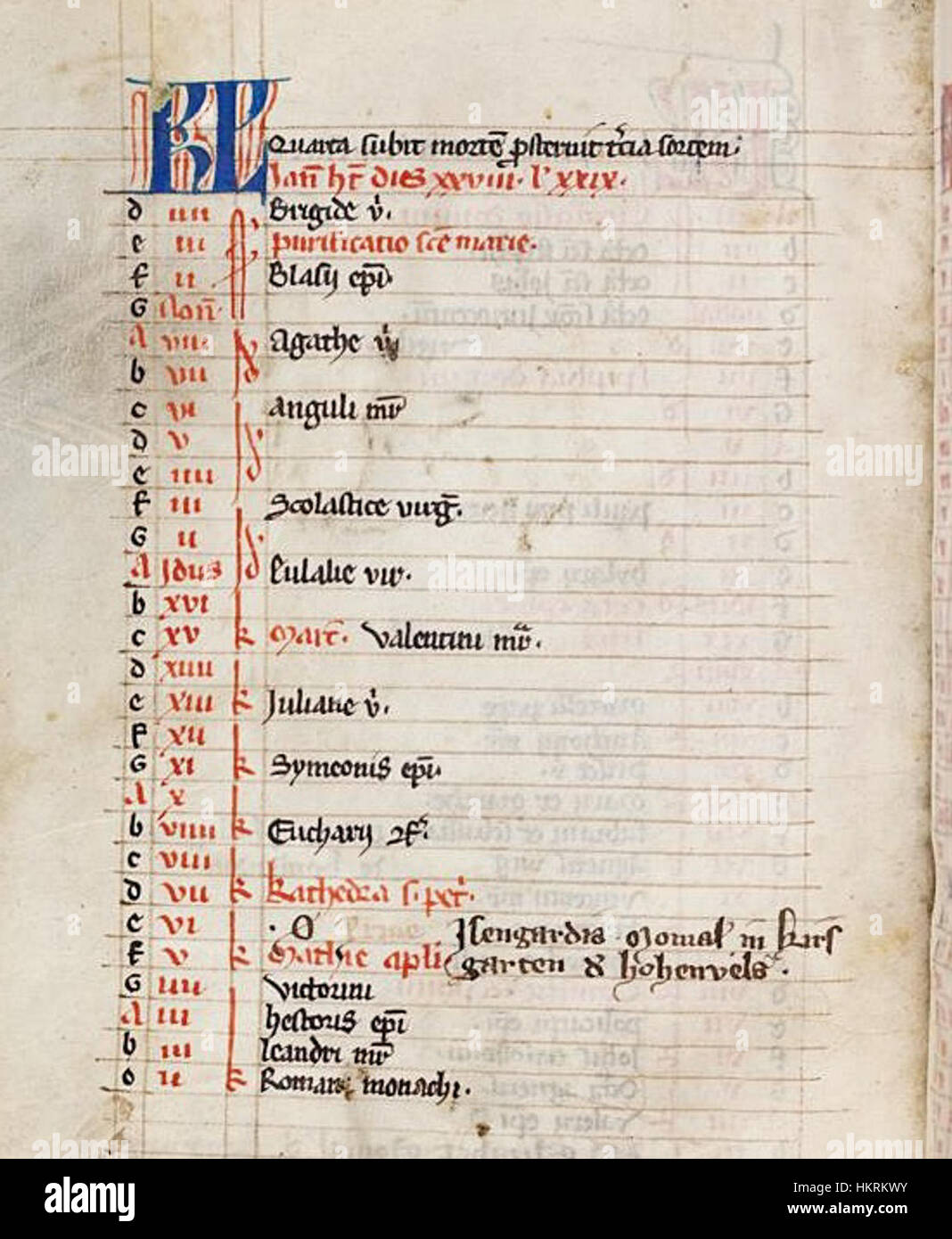 Der „Codex Lichtenthal 37“ ist eine beleuchtete Handschrift mit detaillierten Kalenderseiten. Das „Kalenderblatt Februar“ repräsentiert den Februar und zeigt künstlerische Darstellungen typisch für mittelalterliche europäische Manuskripte. Stockfoto