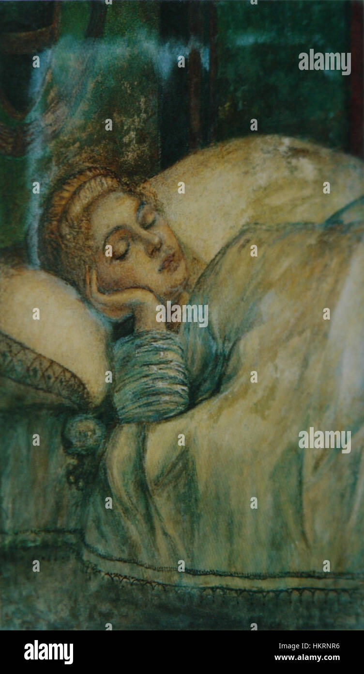 Dieses Gemälde ist eine Nachbildung des Kopfes der Heiligen Ursula, das ursprünglich vom venezianischen Renaissance-Künstler Vittore Carpaccio geschaffen wurde. Es fängt den ruhigen Ausdruck und die heiligen Merkmale ein, die für die religiöse Kunst dieser Zeit von zentraler Bedeutung waren. Stockfoto