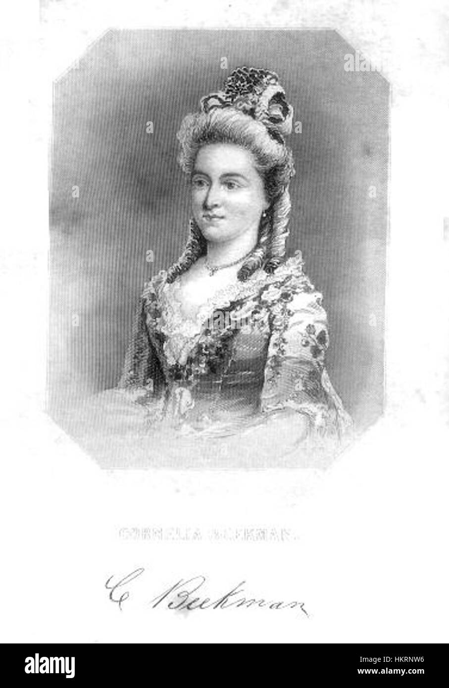 Das Gemälde „Cornelia Beekman“ ist ein Porträt einer Frau aus dem 19. Jahrhundert, die sowohl ihre Anmut als auch den kulturellen Kontext ihrer Zeit einfängt. Die Künstlerin verwendet detaillierte Pinselarbeiten und sanfte Beleuchtung, um Cornelias würdevolle Präsenz zu unterstreichen und die Eleganz und gesellschaftliche Rolle der Frauen in dieser Zeit darzustellen. Stockfoto