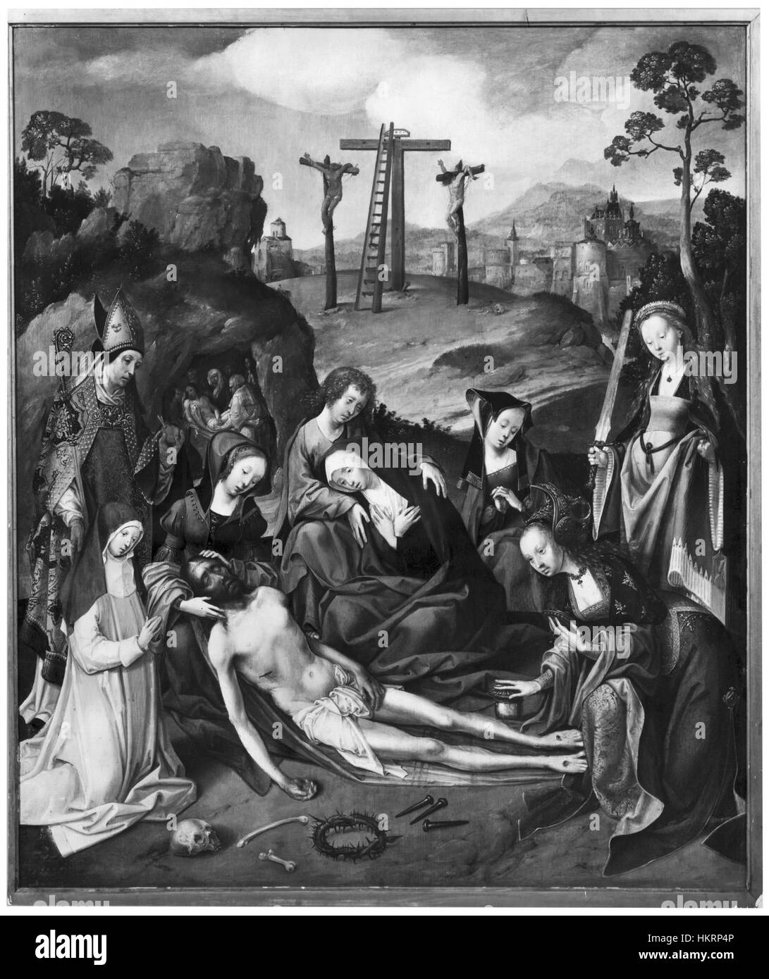 Cornelis Engebrechtsz's Kreuzigung ist ein religiöses Gemälde aus dem frühen 16. Jahrhundert, das die Kreuzigung Jesu Christi mit detaillierten Figuren und dramatischer Verwendung von Licht und Schatten darstellt, die charakteristisch für die Kunst der nördlichen Renaissance sind. Stockfoto