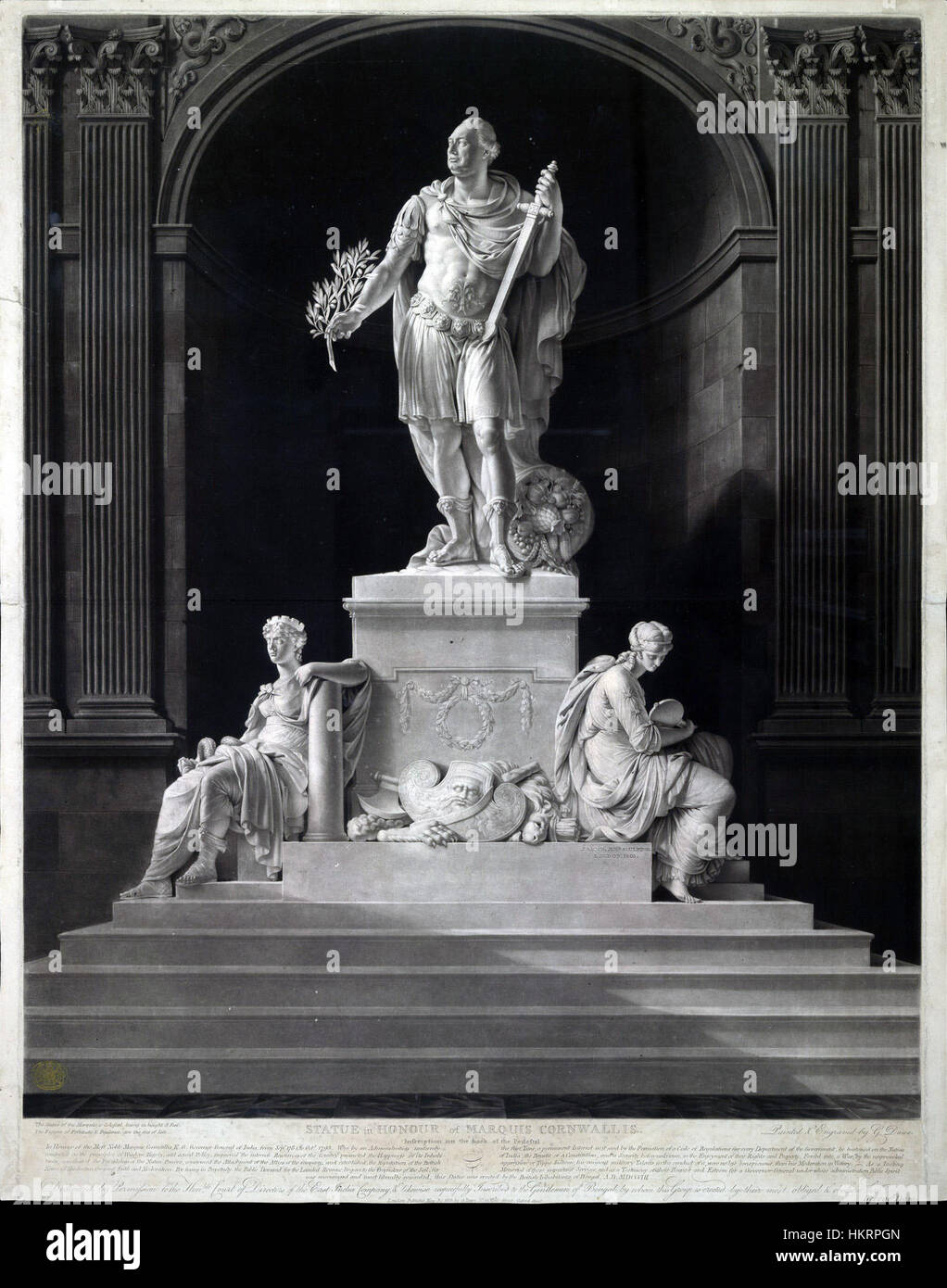 Die Cornwallis Statue in Calcutta (heute Kolkata) erinnert an den britischen Kolonialverwalter Charles Cornwallis, der Ende des 18. Jahrhunderts als Generalgouverneur Indiens diente. Die Statue steht als Symbol der britischen Herrschaft in Indien und spiegelt die Kolonialgeschichte und den britischen Einfluss in Kalkutta wider. Stockfoto