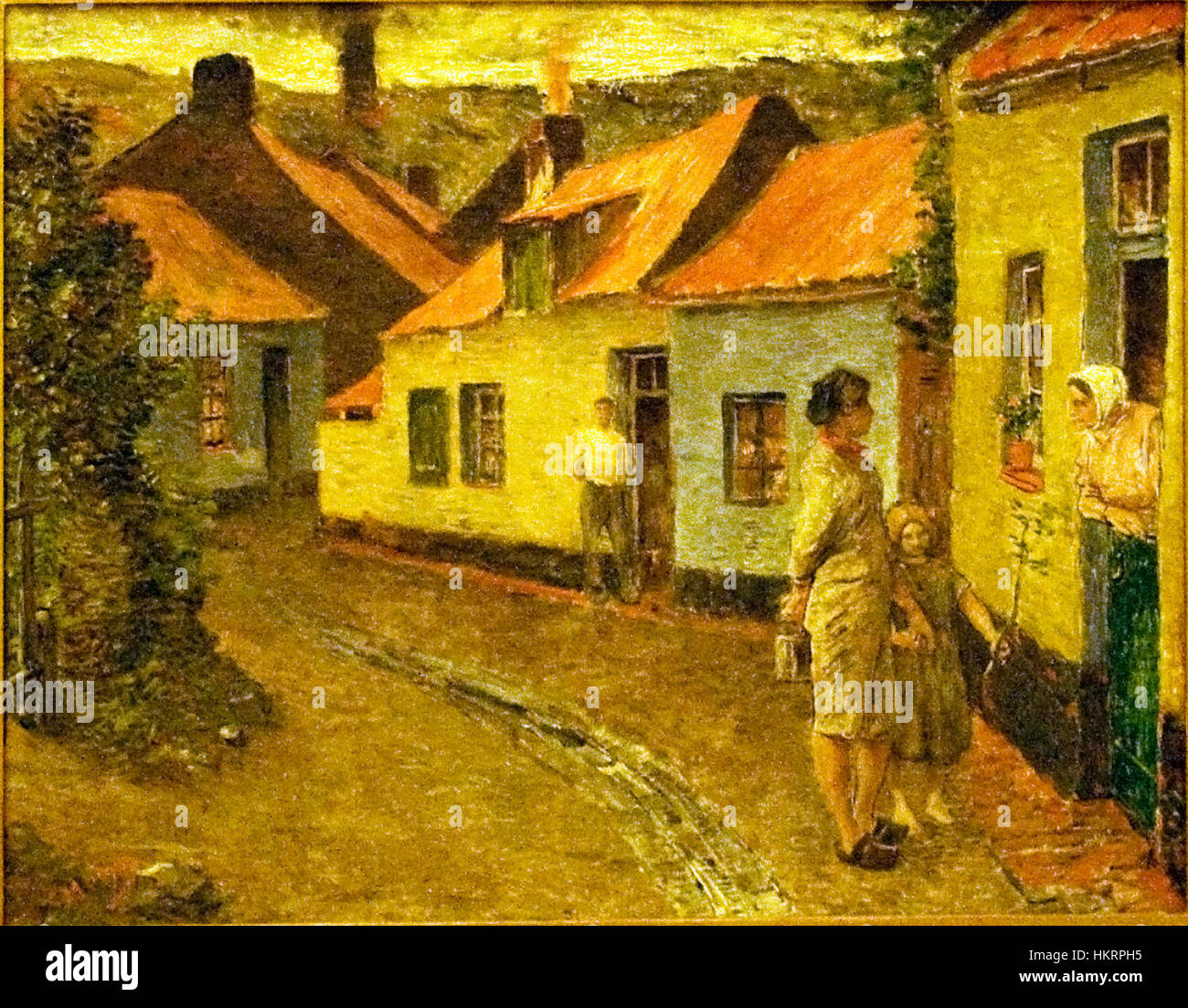 Dieses Kunstwerk mit dem Titel „Frauen, die einen Chat haben“ von Coron stellt eine Szene dar, in der Frauen sich unterhalten und den gesellschaftlichen Alltag und die Beziehungen in einem historischen Kontext betonen. Stockfoto