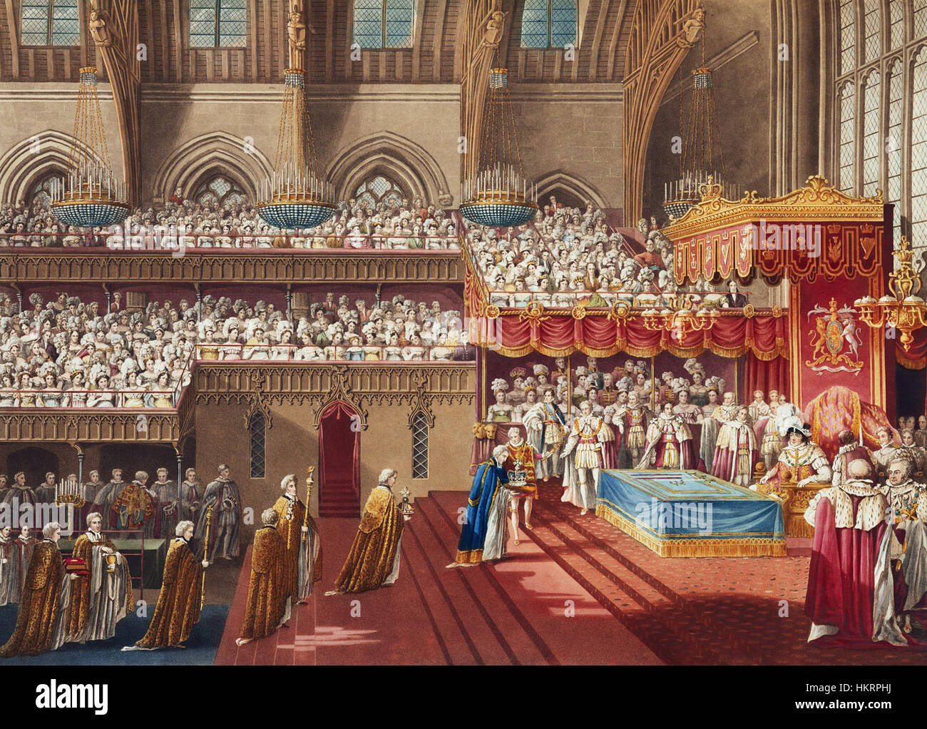 Dieses Gemälde zeigt das üppige Krönungsbankett zu Ehren von König Georg IV. Von Großbritannien. Das Ereignis markierte den Thronbesteigung Georg IV. Im Jahr 1820 und zeigte einen großartigen und raffinierten Rahmen für die Feier des britischen Königs. Das Werk spiegelt die Opulenz und Pracht dieser Zeit wider. Stockfoto